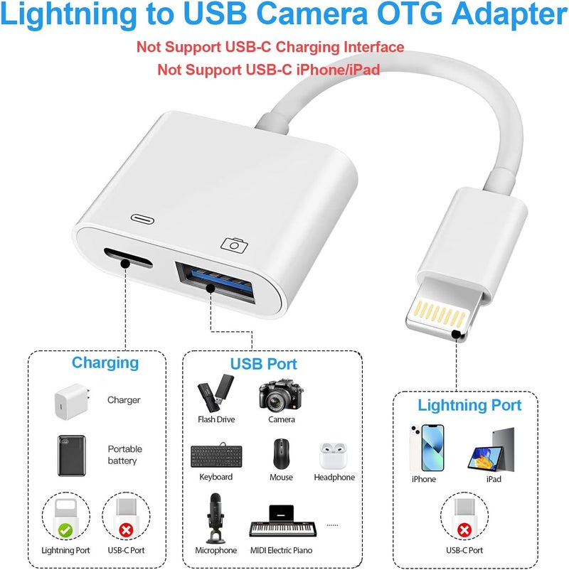 Denlane محول كاميرا Lightning إلى USB، [معتمد من Apple MFi] محول USB 3.0 أنثوي إلى iPhone iPad مع منفذ شحن، كابل محول OTG قابل للتوصيل والدخول يدعم قارئ البطاقات ومحركات الفلاش ولوحة المفاتيح - Image 2